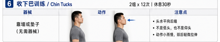 收下巴训练 Chin Tucks 的器械、真人动作示意和动作注意点