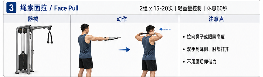 绳索面拉 Face Pull 的器械、真人动作示意和动作注意点