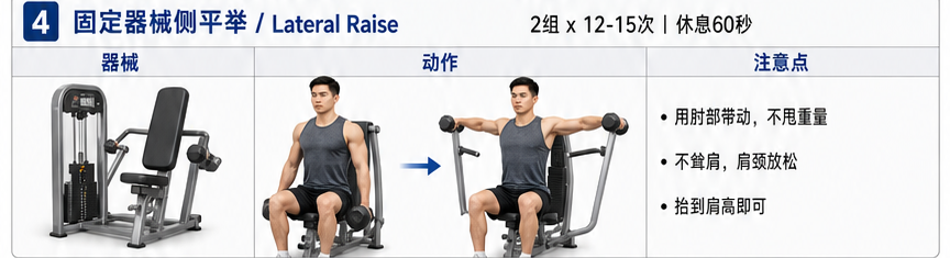 固定器械侧平举 Lateral Raise 的器械、真人动作示意和动作注意点