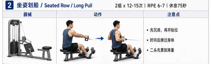 坐姿划船 Seated Row / Long Pull 的器械、真人动作示意和动作注意点